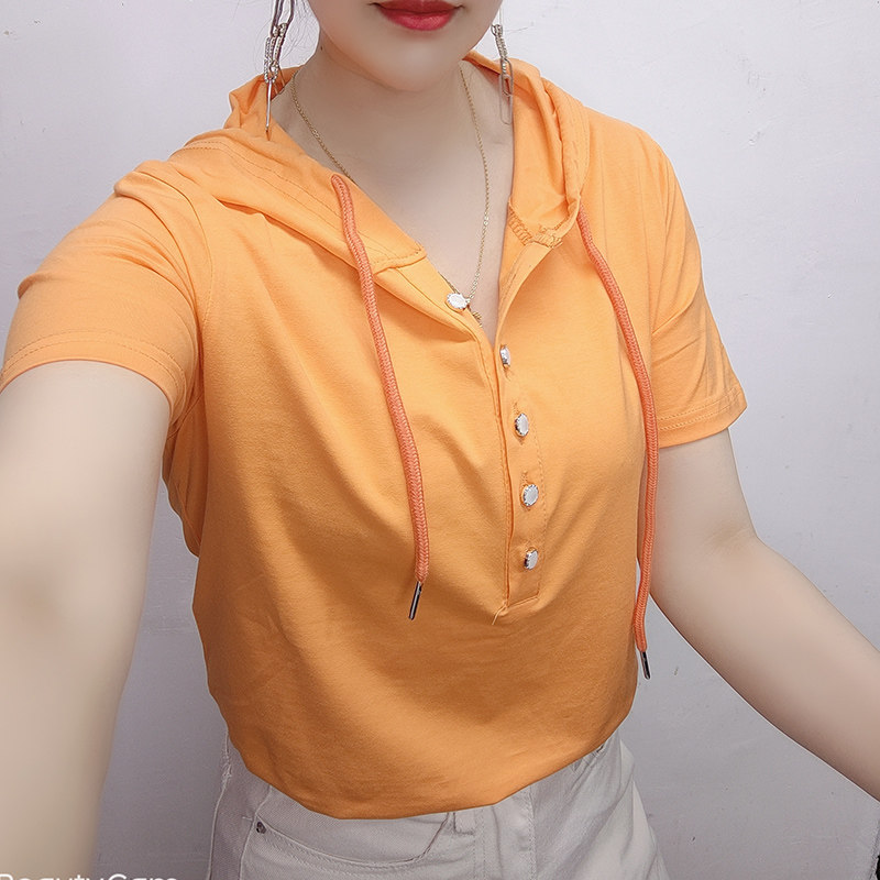 欧洲站2025新款夏季纯棉修身连帽T桖衫百搭V领套头女短袖上衣网红