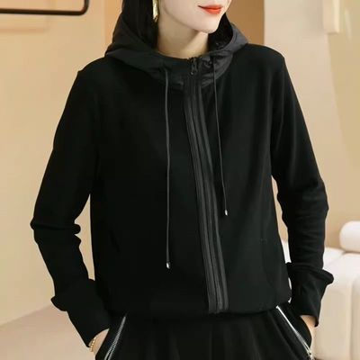 小众设计感双面德绒拼接连帽卫衣女2025春款新款休闲百搭显瘦上衣