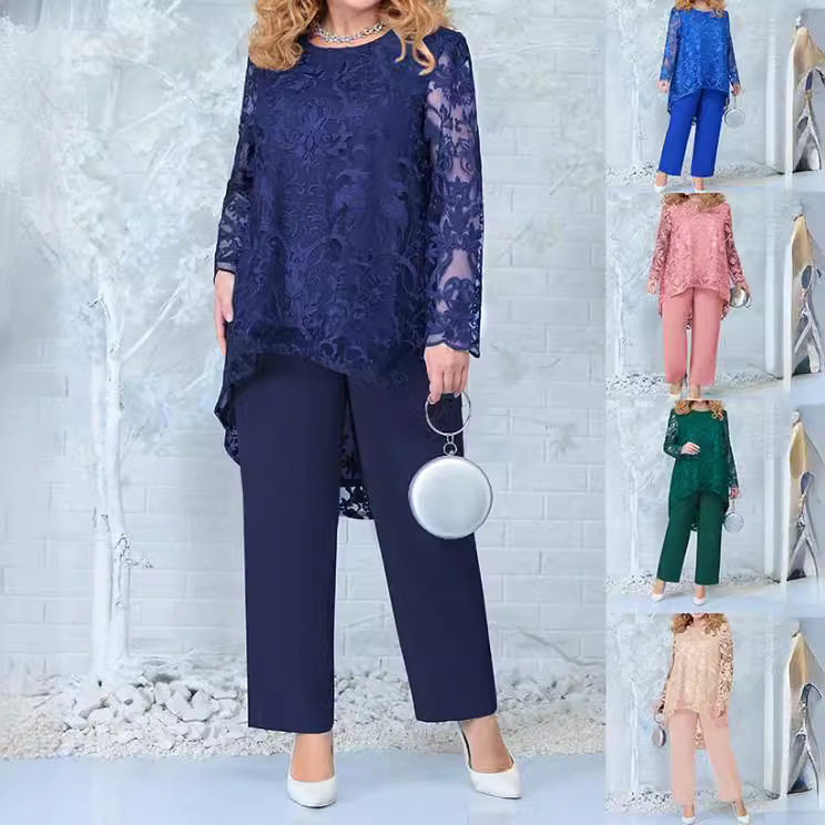 欧美新款连衣裙大码女装晚礼服蕾丝绣花裤子两件套鸡尾酒礼服