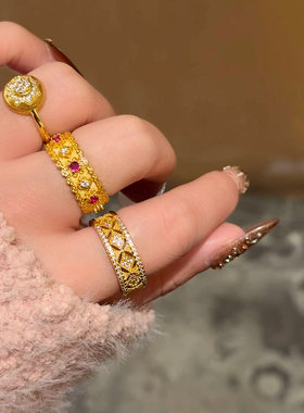 古堡花园◆新中式沙金镂空花纹开口戒指宫廷风复古金色食指戒指环