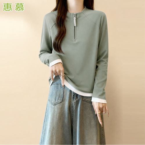 简约休闲半拉链假两件长袖T恤女士秋冬新款修身遮肚显瘦百搭上衣