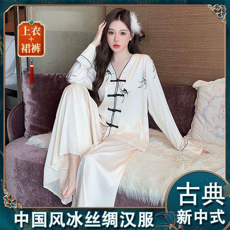 女款中国风民族冰丝绸睡衣家居服