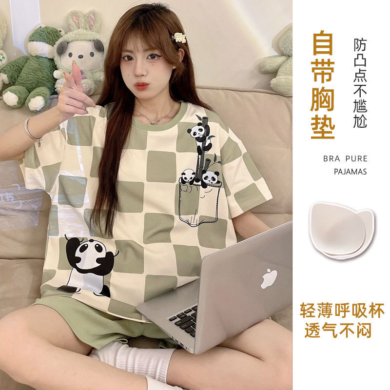 夏天薄款带胸垫睡衣女士可爱盐系短袖套装ins风卡通家居服可外穿