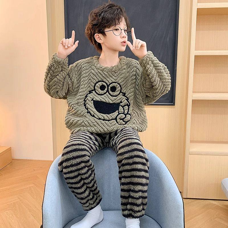 珊瑚绒加绒加厚中大童儿童睡衣秋冬季卡通酷帅男孩家居服男童套装
