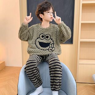 珊瑚绒加绒加厚中大童儿童睡衣秋冬季卡通酷帅男孩家居服男童套装