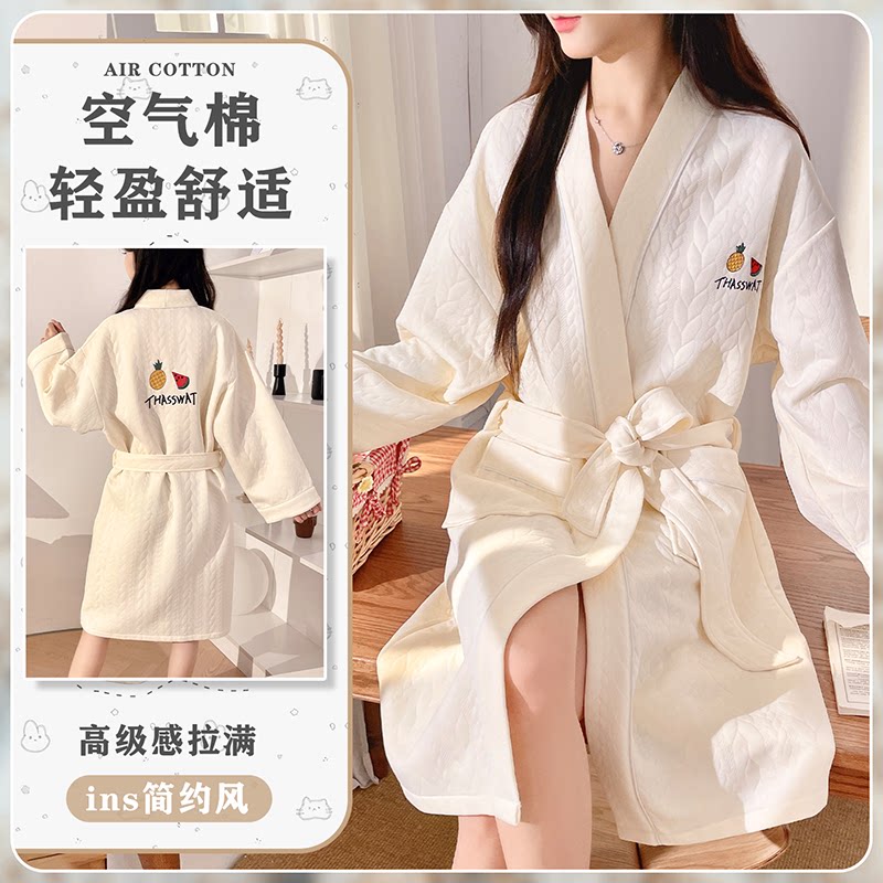 长袖睡袍韩版空气棉简约家居服女士睡衣春秋冬季刺绣夹层浴袍保暖