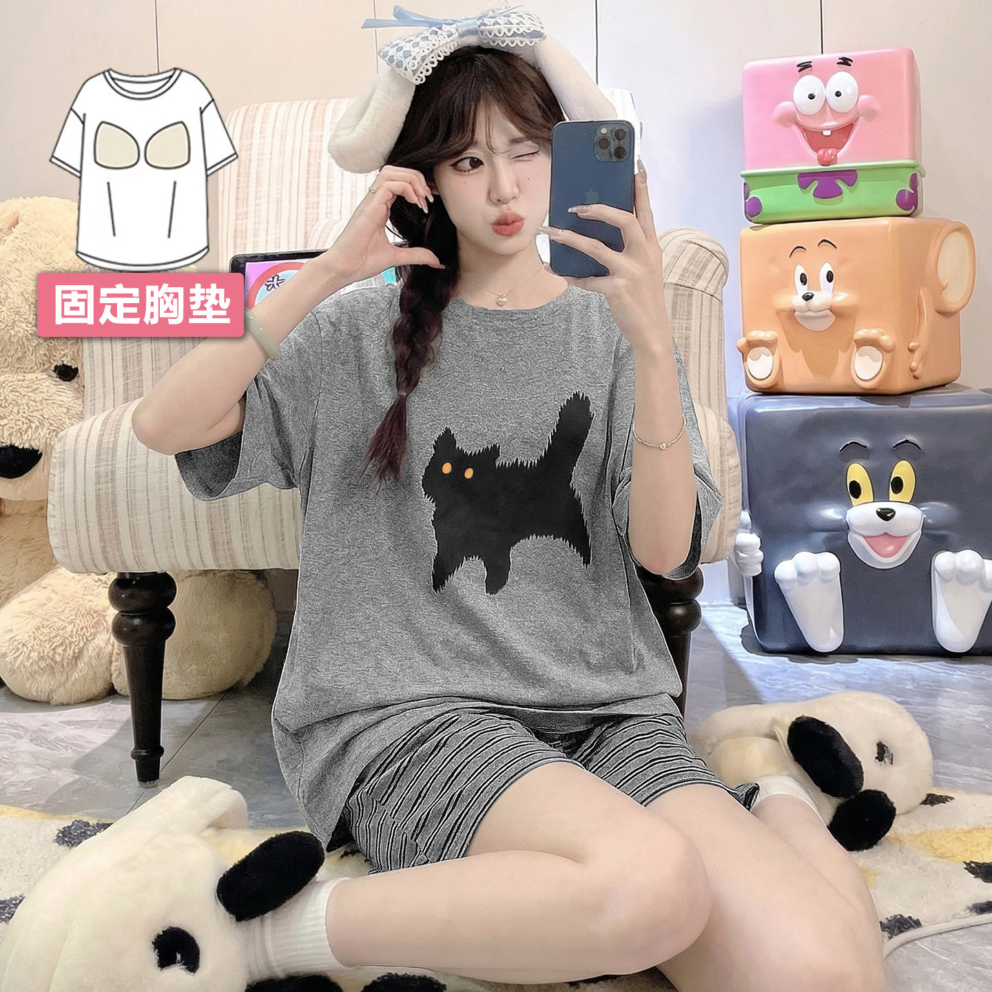 韩版短袖女士家居服卡通可爱带胸垫学生睡衣夏天洋气薄款休闲套装