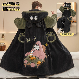 冬季珊瑚绒男士中长款连帽睡袍大码200斤加绒加厚睡衣套装家居服