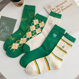 文艺复古绿色袜子女秋冬韩版 长袜网红百搭刺绣菱形格卡通日系纯棉