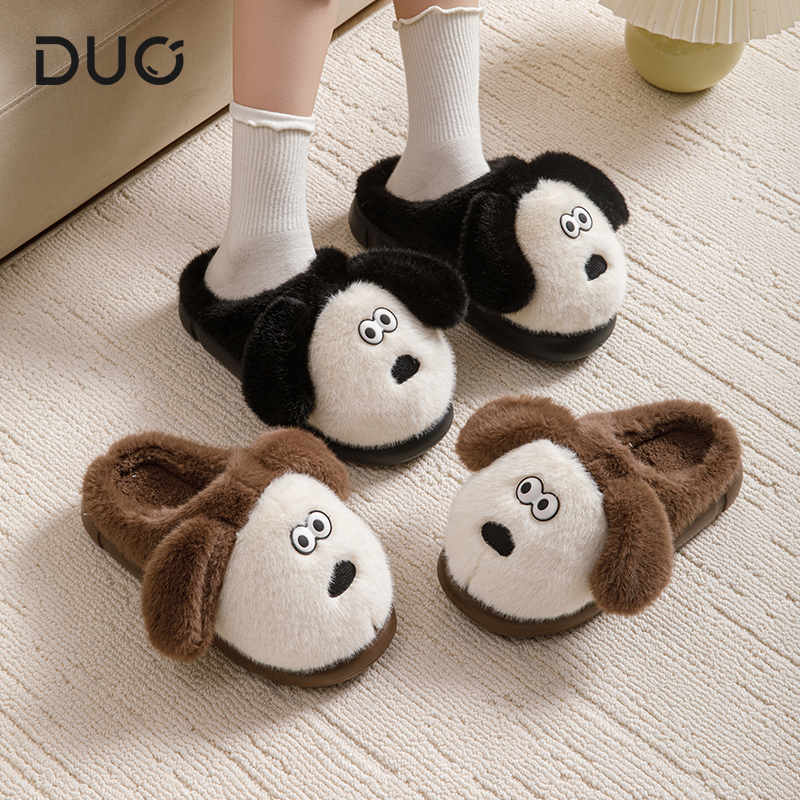 2025新款冬季毛毛绒可爱双耳狗棉拖鞋女款室内家居保暖防滑厚底拖