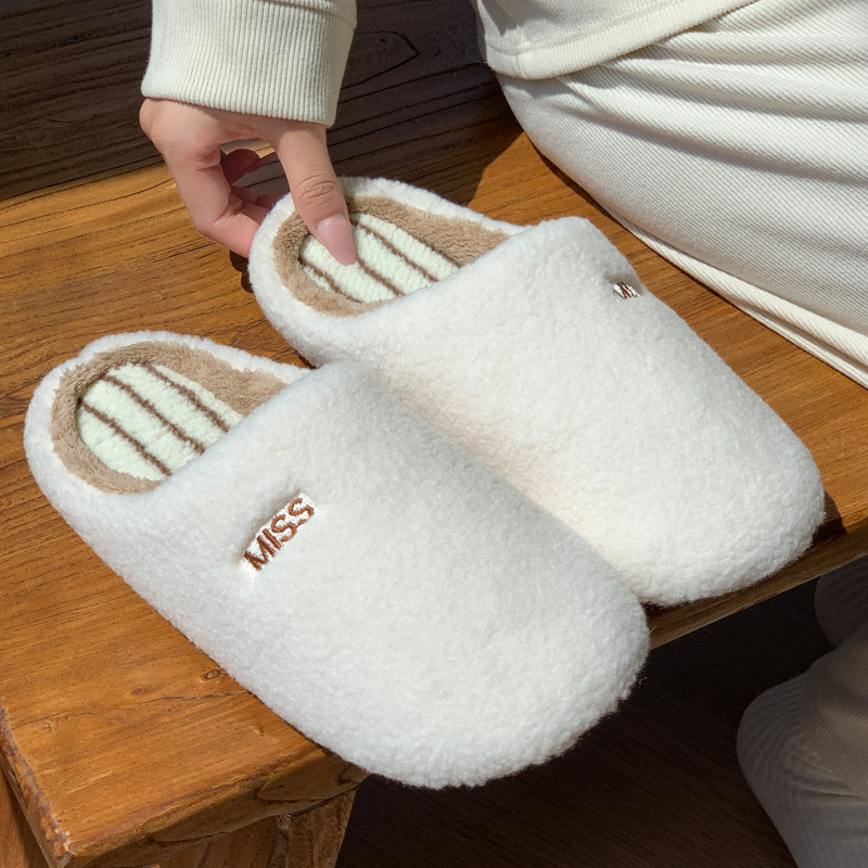 棉拖鞋女款2025冬季新款高端简约条纹毛毛绒室内棉拖舒适居家保暖
