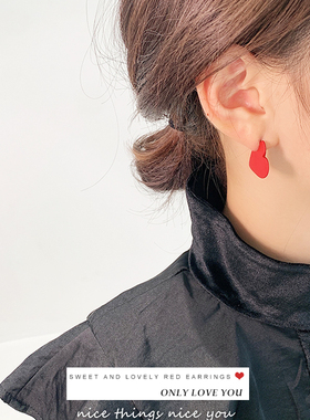 925纯银耳环韩国红色爱心iu同款气质简约耳钉百搭潮个性时尚耳饰