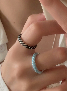 s925纯银蓝黑两色滴釉斜条纹重工素圈线条戒指气质百搭高级感指环