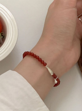 925纯银小银鱼红玛瑙手链小众叠戴高级感女简约气质百搭弹力手环