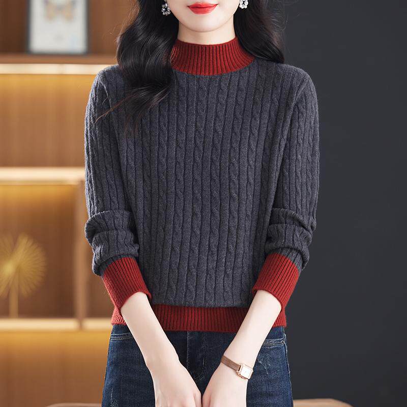羊毛衫半高领拼色毛衣女款秋冬季加厚打底衫洋气内搭短款针织上衣