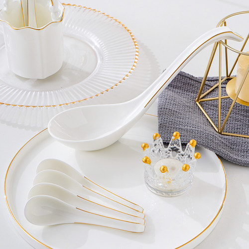 天鹅汤勺骨瓷家用描金长柄调羹勺