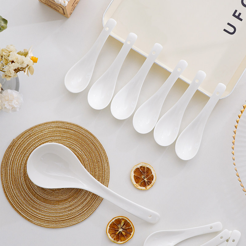 4个装 骨瓷小汤勺家用喝汤勺吃饭勺陶瓷圆头小勺长柄勺调羹匙盛汤