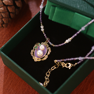 天然珍珠紫色水晶串珠项链多巴胺项链高级感小众设计首饰套装 耳钉