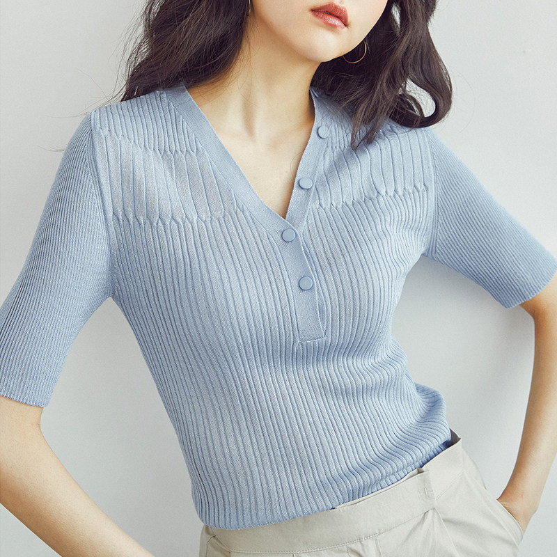 冰丝针织衫女套头夏季2020新款薄款v领短款女人港味显瘦短袖上衣