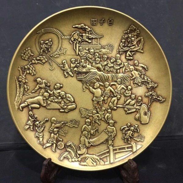 仿古铜器古玩收藏纯铜百子图大盘子碟子摆件家居装饰铜盘铜碟