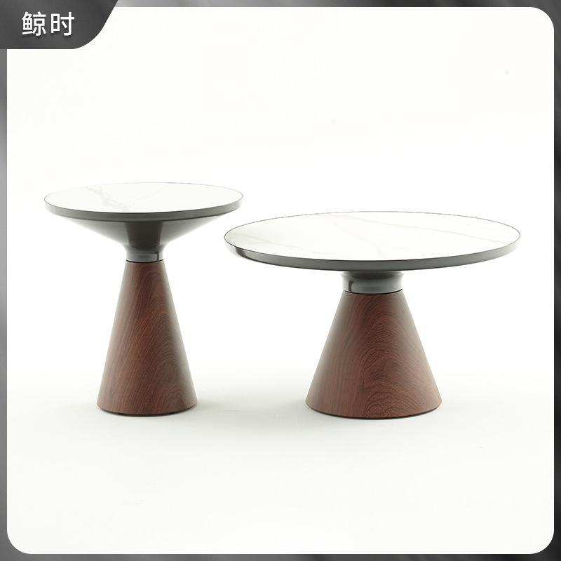 意式轻奢碳素钢雪山白岩板圆形茶几仿木纹岩板小蛮腰茶几组合批发