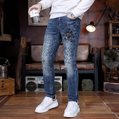 潮牌刺绣蓝色牛仔裤2025新款男款