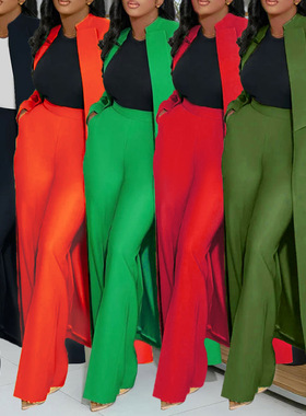 women clothesS10968  欧美  纯色翻领长款西装两件套