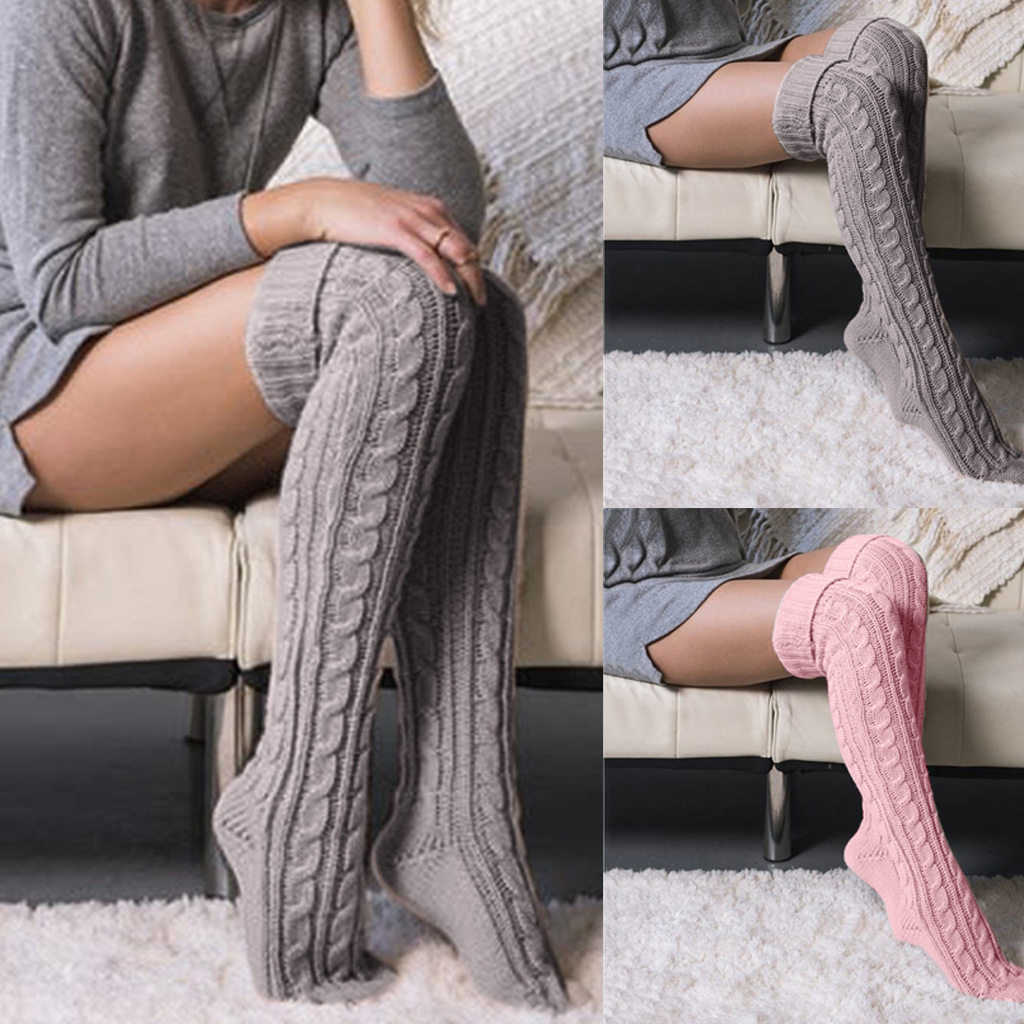 women clothes欧美热销款秋冬时尚麻花针织中长筒过膝堆堆毛线袜
