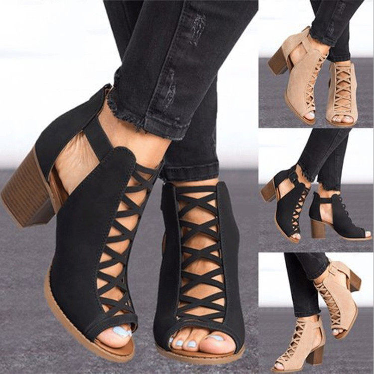 shoes women春季新款外贸大码绑带凉鞋女士粗跟高跟后拉链一字扣