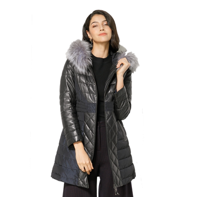 玫而美狐狸毛领中长连帽羽绒服