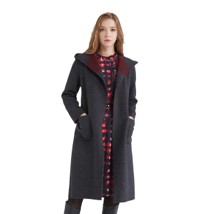 玫而美羊毛大衣女中长款连帽腰带收腰双面双色羊绒秋冬毛呢外套