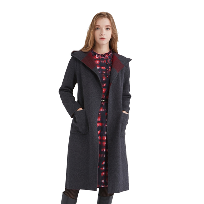 玫而美羊毛大衣女中长款连帽腰带收腰双面双色羊绒秋冬毛呢外套