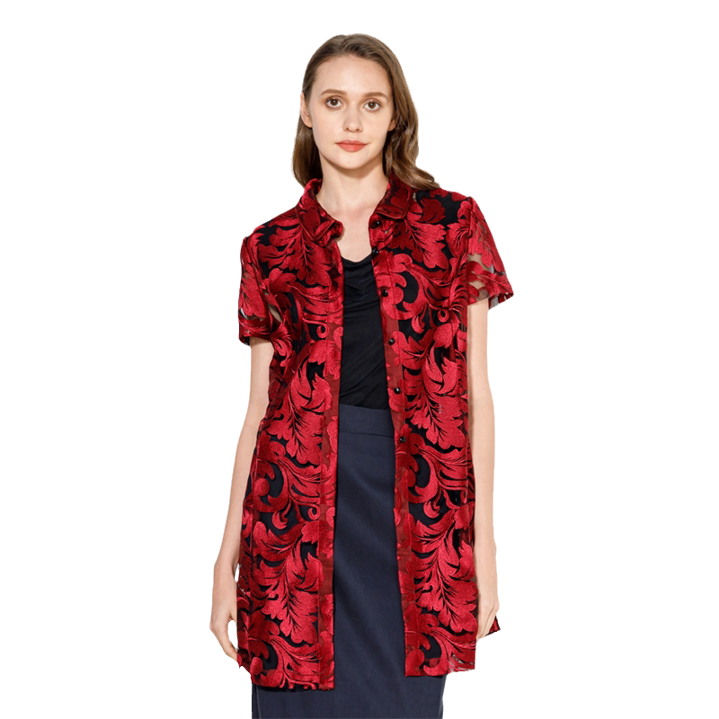 玫而美短袖衬衫领中长镂空外披