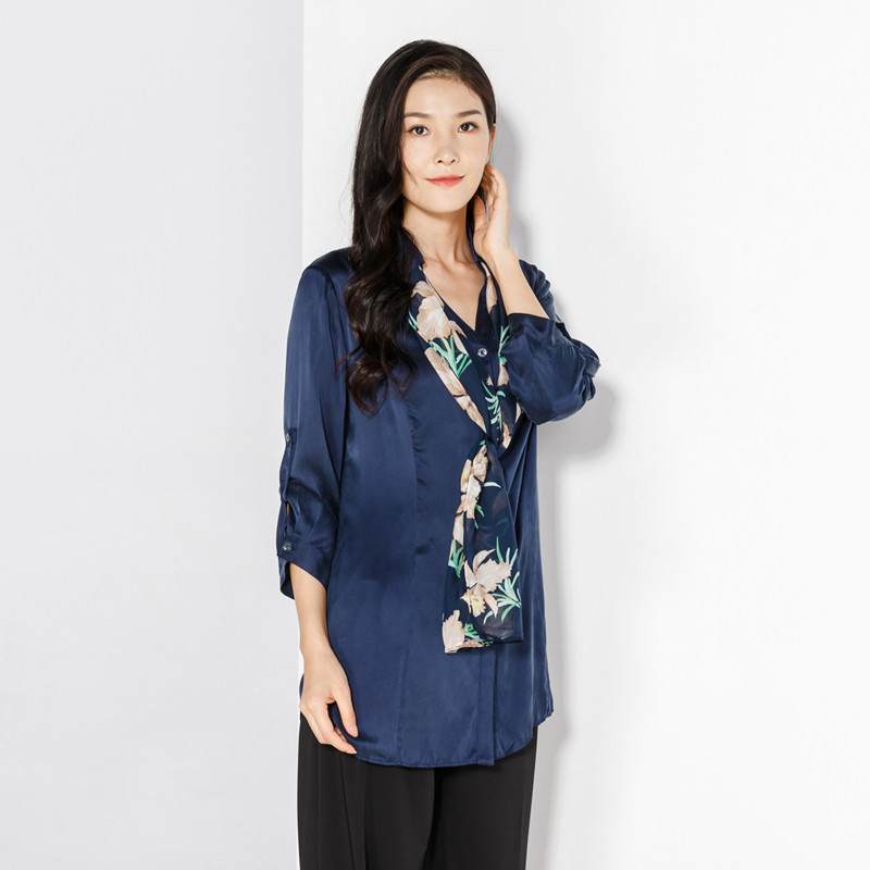 玫而美衬衫女七分袖中长高档桑蚕丝缎面真丝印花丝巾气质春夏衬衣