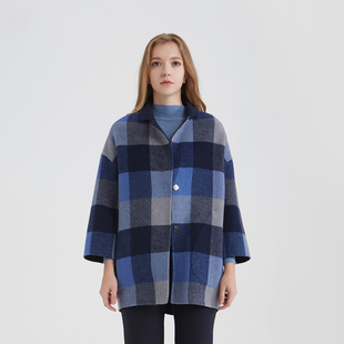 玫而美毛呢外套女短款翻领宽松双面呢两面穿休闲格子秋冬羊毛大衣