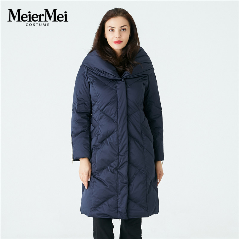 玫而美羽绒服女连帽白鸭绒中长款休闲保暖中年加厚冬季面包服