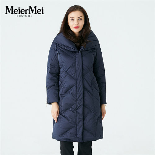 玫而美休闲连帽羽绒服女中长款