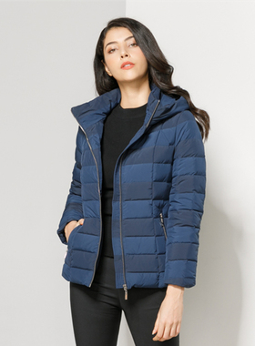 玫而美羽绒服女短款长袖连帽白鸭绒时尚休闲条纹简便保暖冬季外套