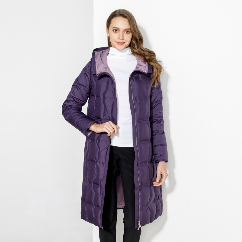 玫而美休闲白鹅绒中长连帽羽绒服