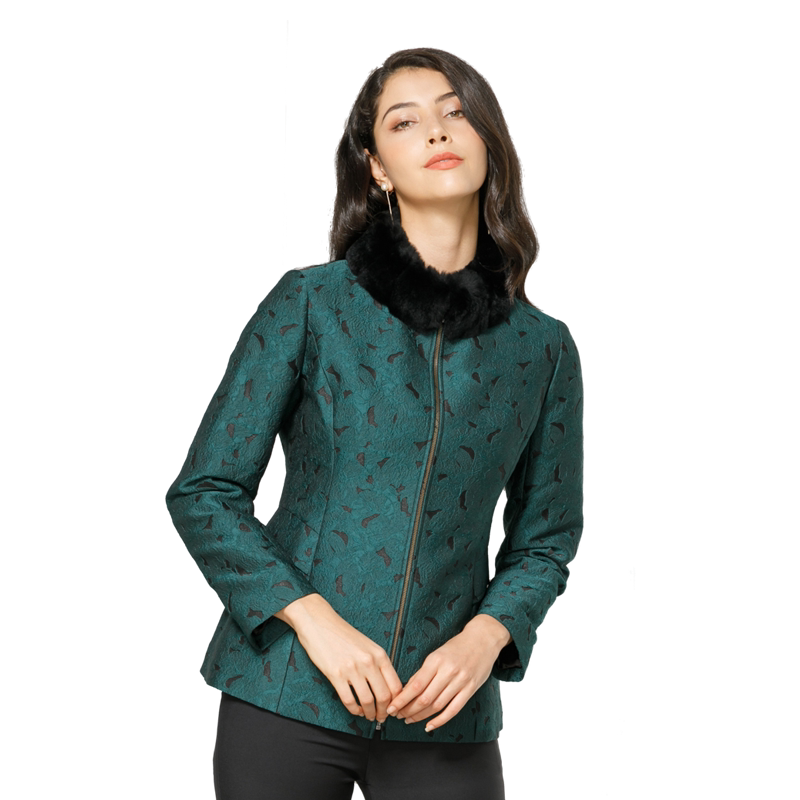 玫而美品牌华丽獭兔毛领黑绿棉服
