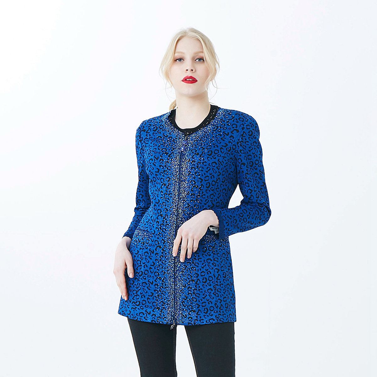 玫而美针织外套女中长款修身长袖中老年妈妈优雅提花豹纹春秋上衣