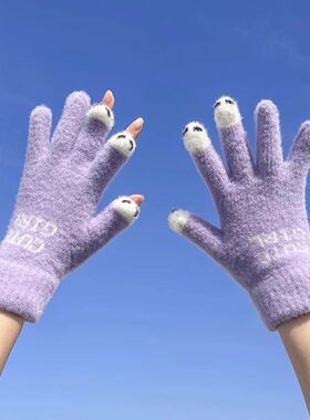 可触屏针织毛线手套女冬季保暖加绒加厚骑行学生写字防寒五指手套