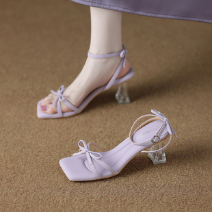 专柜羊皮绝美水晶紫色凉鞋 高级感高 女2025夏季 夏天外穿配裙子时尚