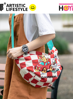 弘娜×锅仔丁 合作款 卡通美式复古单肩帆布包大容量女通勤斜挎包