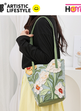 弘娜×色彩探险家油画花卉小众水桶包单肩包帆布包女包礼物购物袋