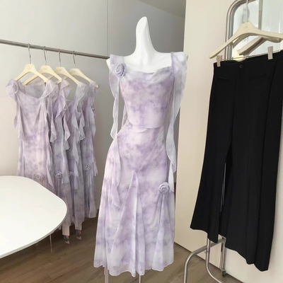 紫色晕染氛围感碎花雪纺吊带连衣裙中长款收腰无袖背心裙