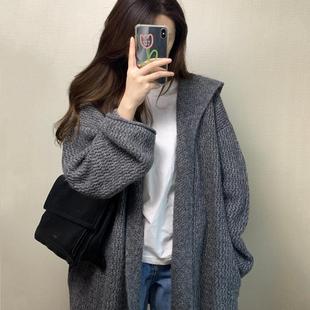 灰色中长款连帽毛衣外套女早秋季韩系气质宽松慵懒松弛感针织开衫