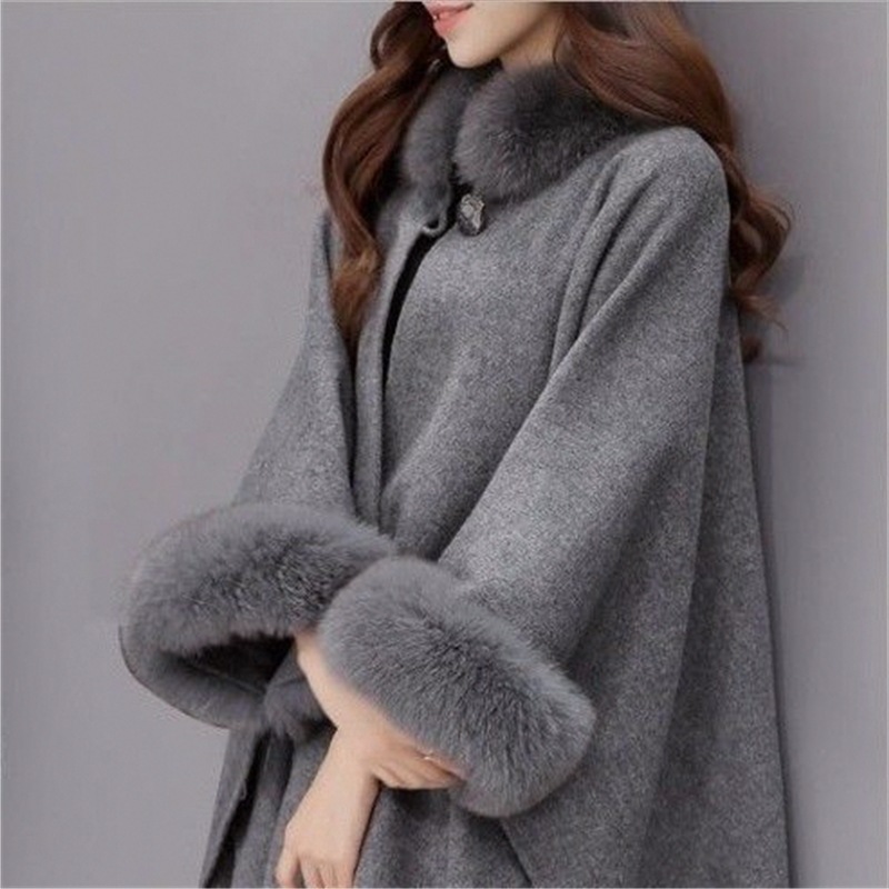 秋冬款毛毛领中长款呢子大衣气质斗篷披肩赫本风毛呢大码上衣外套