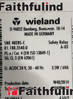 议价Wieland R1.188.3540.0 威琅全新安全继电器 SNE4028S-C 24V