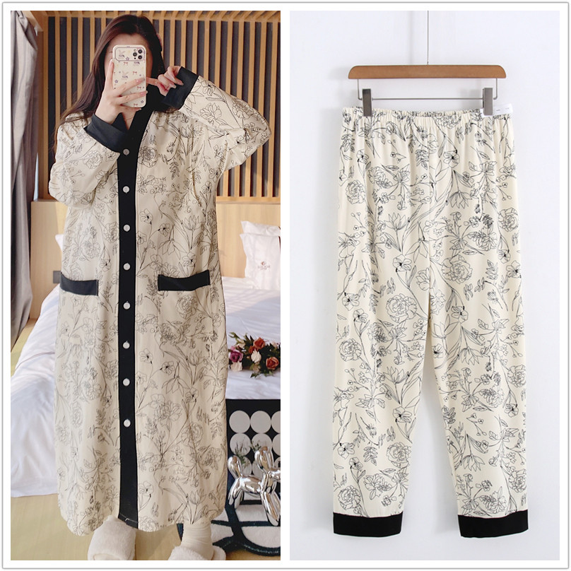 带胸垫哺乳睡裙春秋纯棉产后夏季大码月子服孕妇待产裙带裤子睡衣